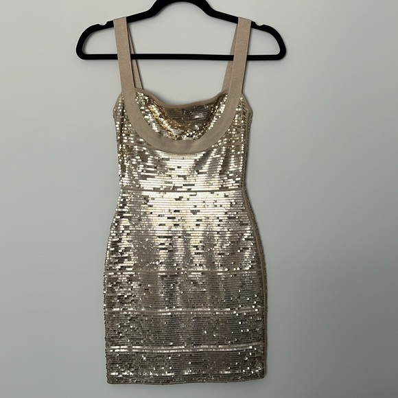 COPY - Herve Leger Antique Gold Sequin Bodycon Dress - Picture 2 of 5